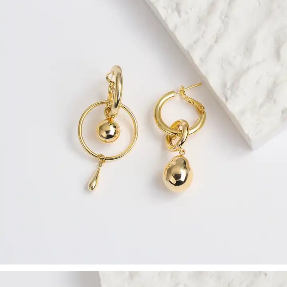 Gold Plated Mismatched Metal Ball Dangle Drop Earrings - Picture 7 of 10